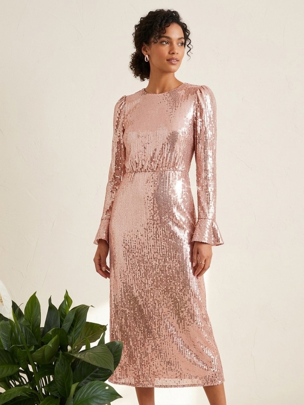 Rachel Pally Rose Gold Sequin Long Sleeve Midi Dress